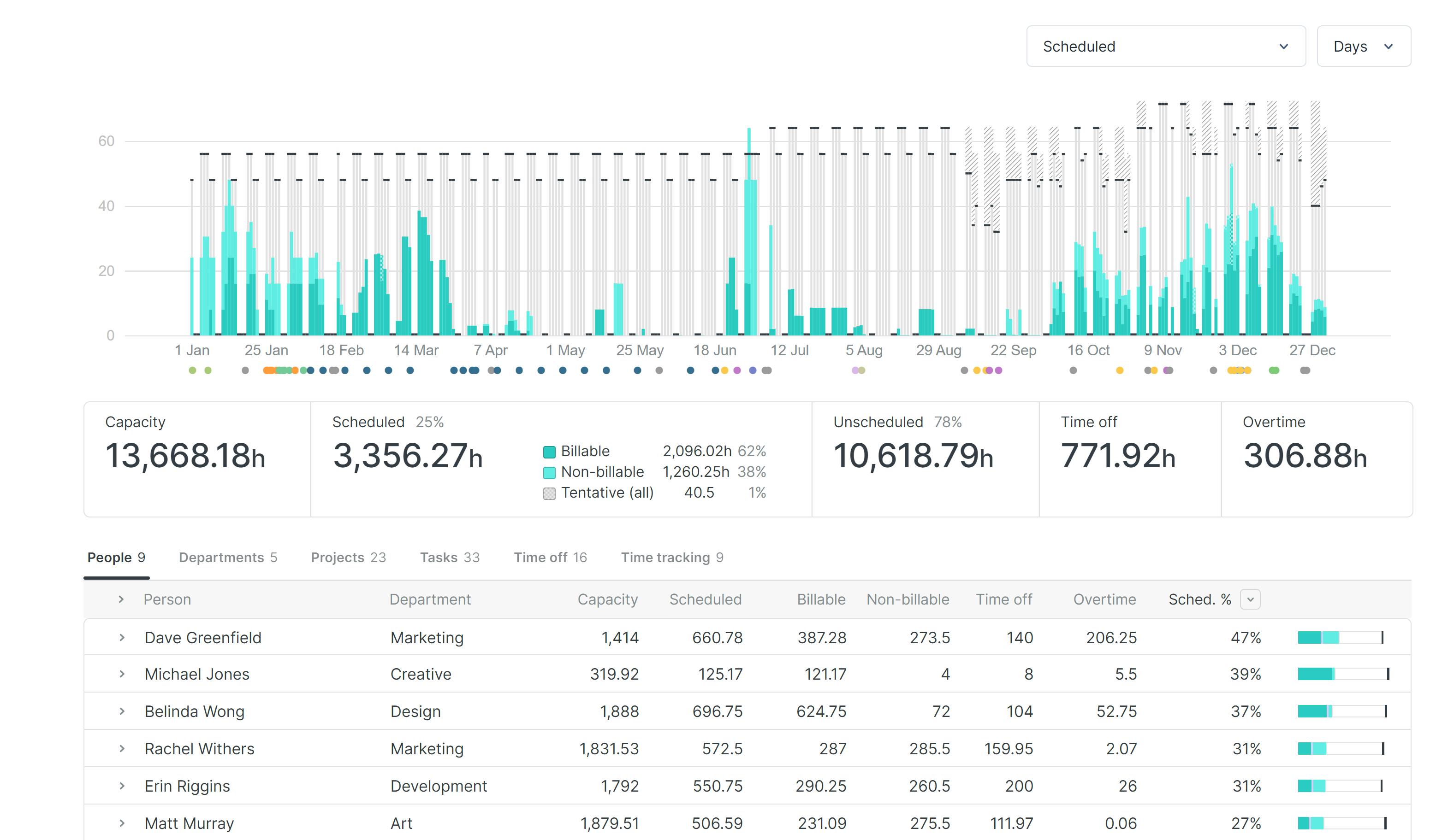 Example of a Float report on people's capacity
