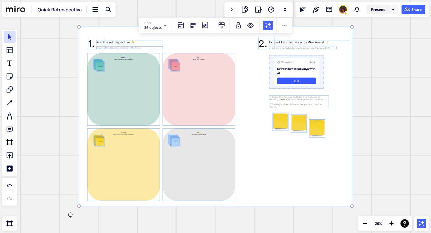 Overview of retrospective whiteboard in Miro