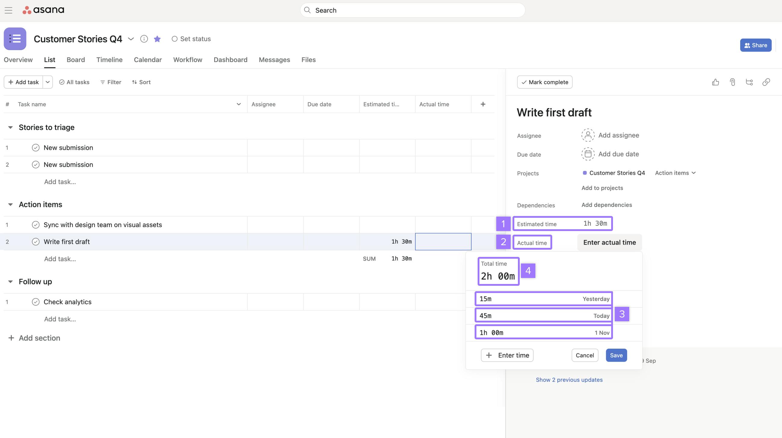 Time logging in Asana