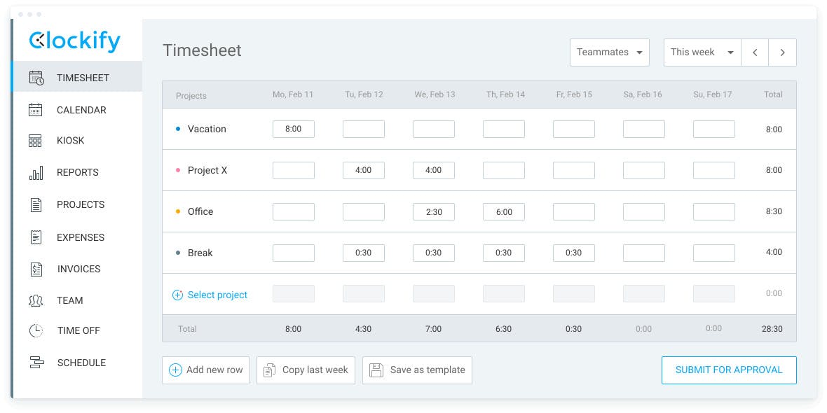 Timesheets in Clockify