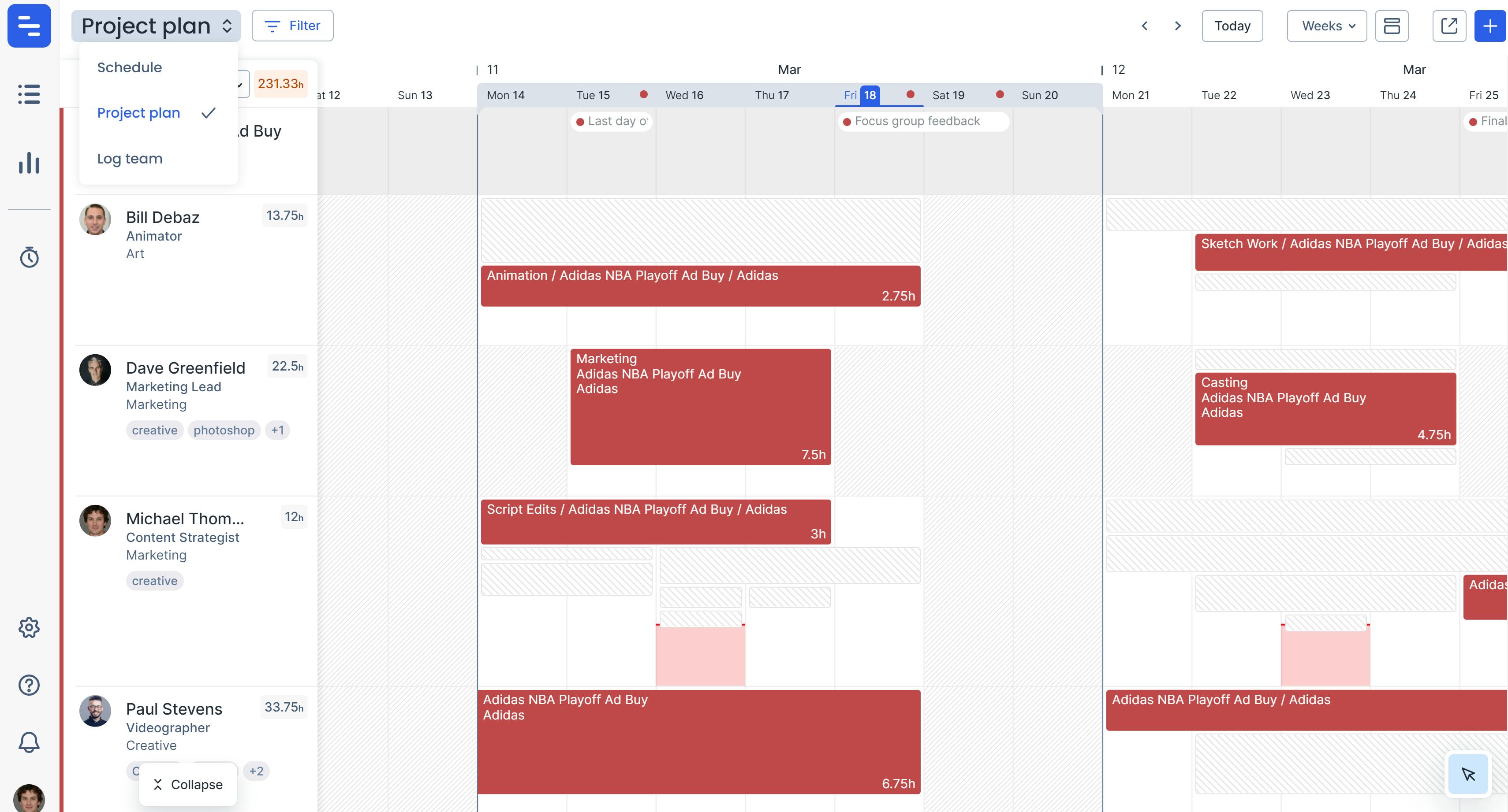Float's sample project plan view