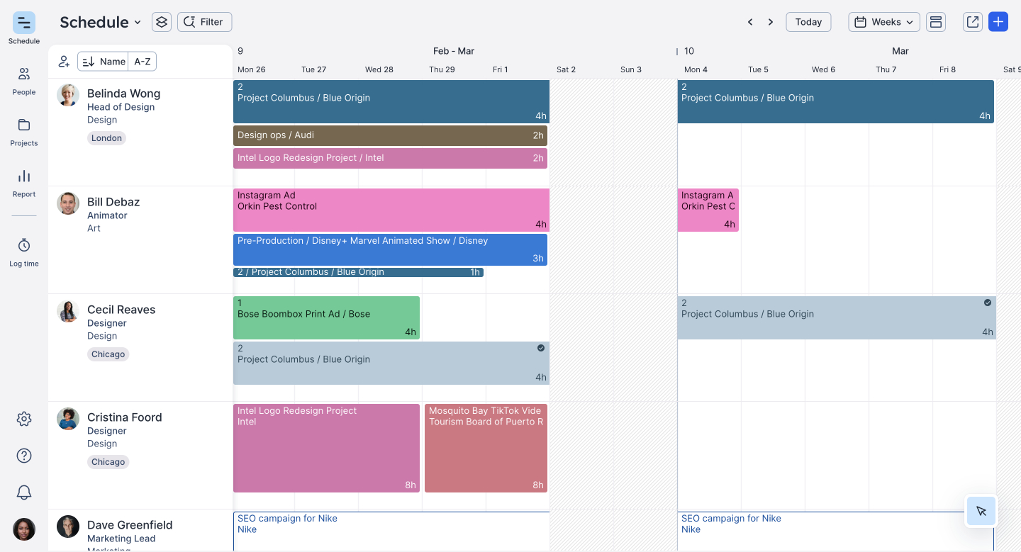 Team schedule in Float