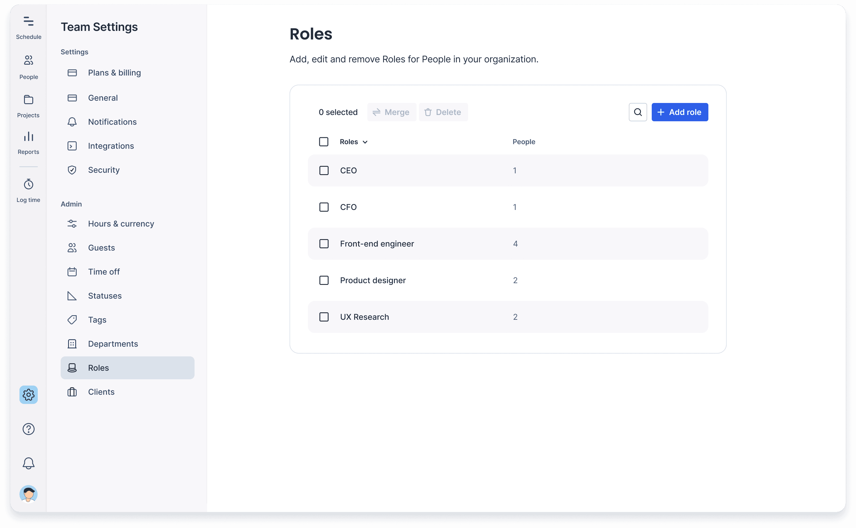 A preview of the manage roles page