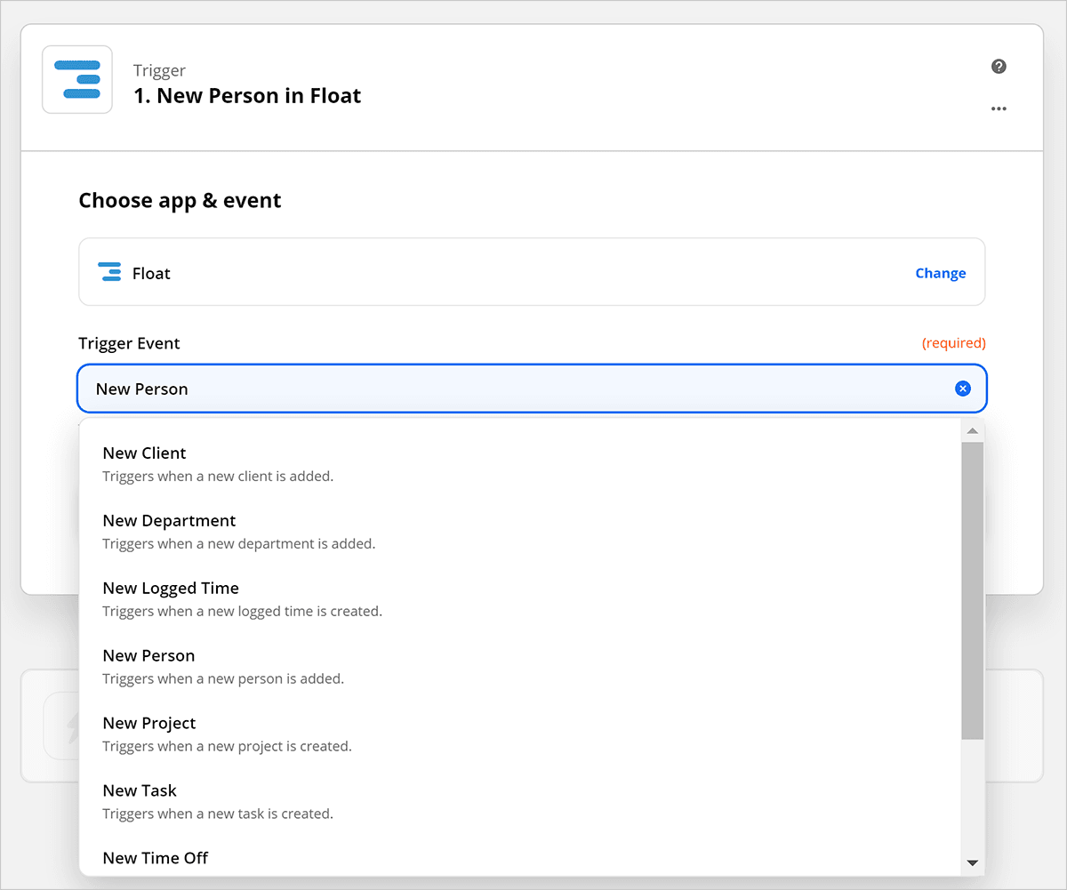 Choose the trigger event to send from Float