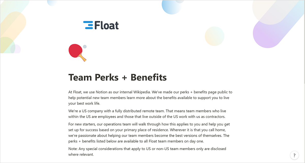 Our Team Perks + Benefits page in Notion