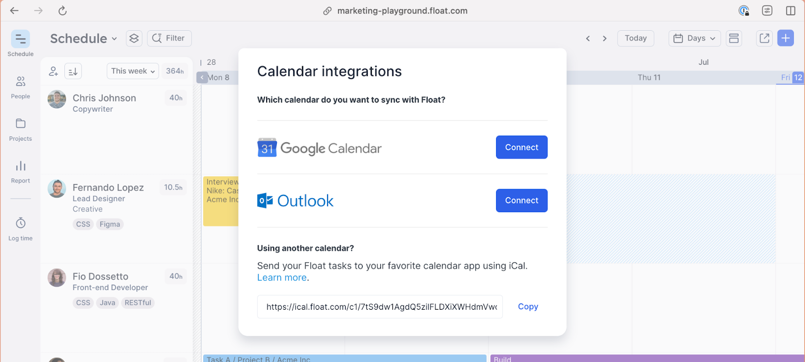 Calendar integrations in Float