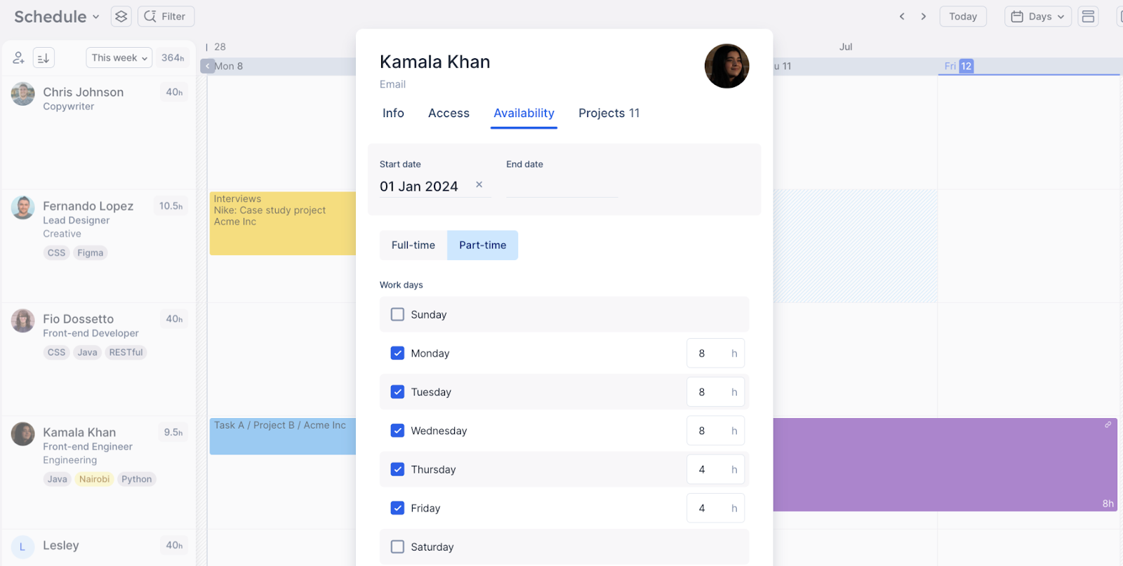 Custom work hours and day in Float