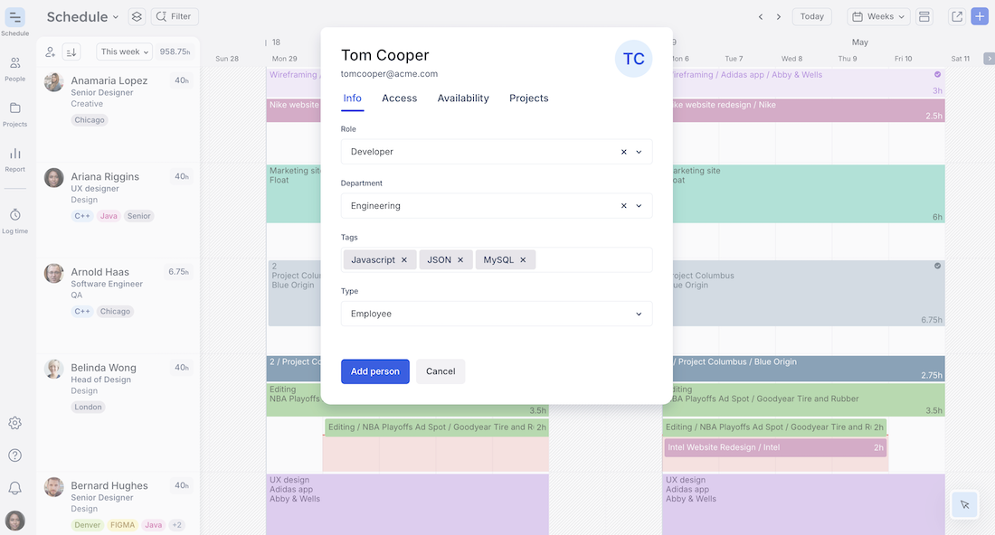 Float interface showing team member details