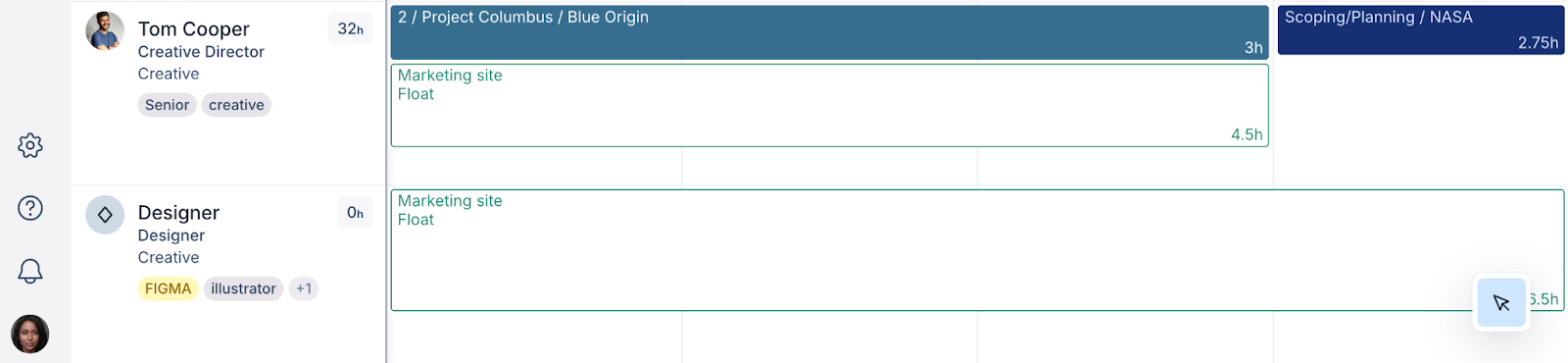 Placeholders in Float showing allocations to tentative projects