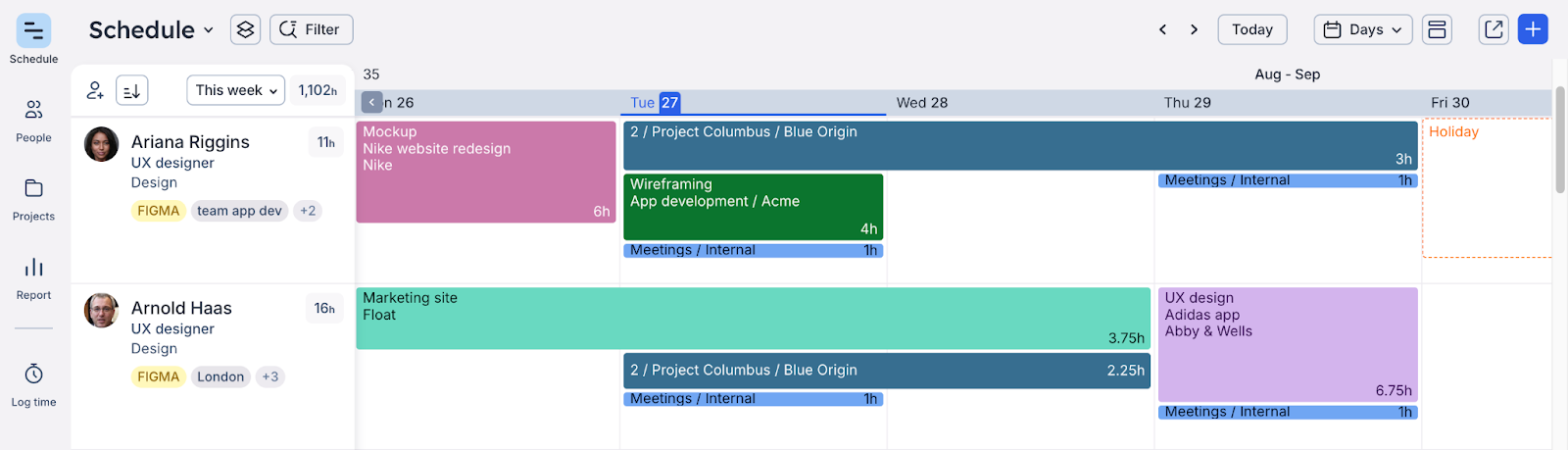 A schedule in float showing team alloations