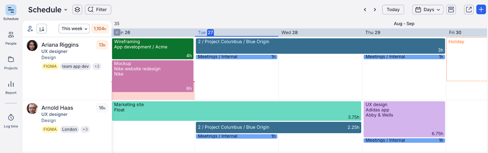 Schedule showing team member with overtime before resource leveling