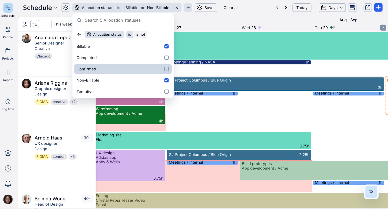 Schedule in Float showing filter set to "allocation status is non-billable"