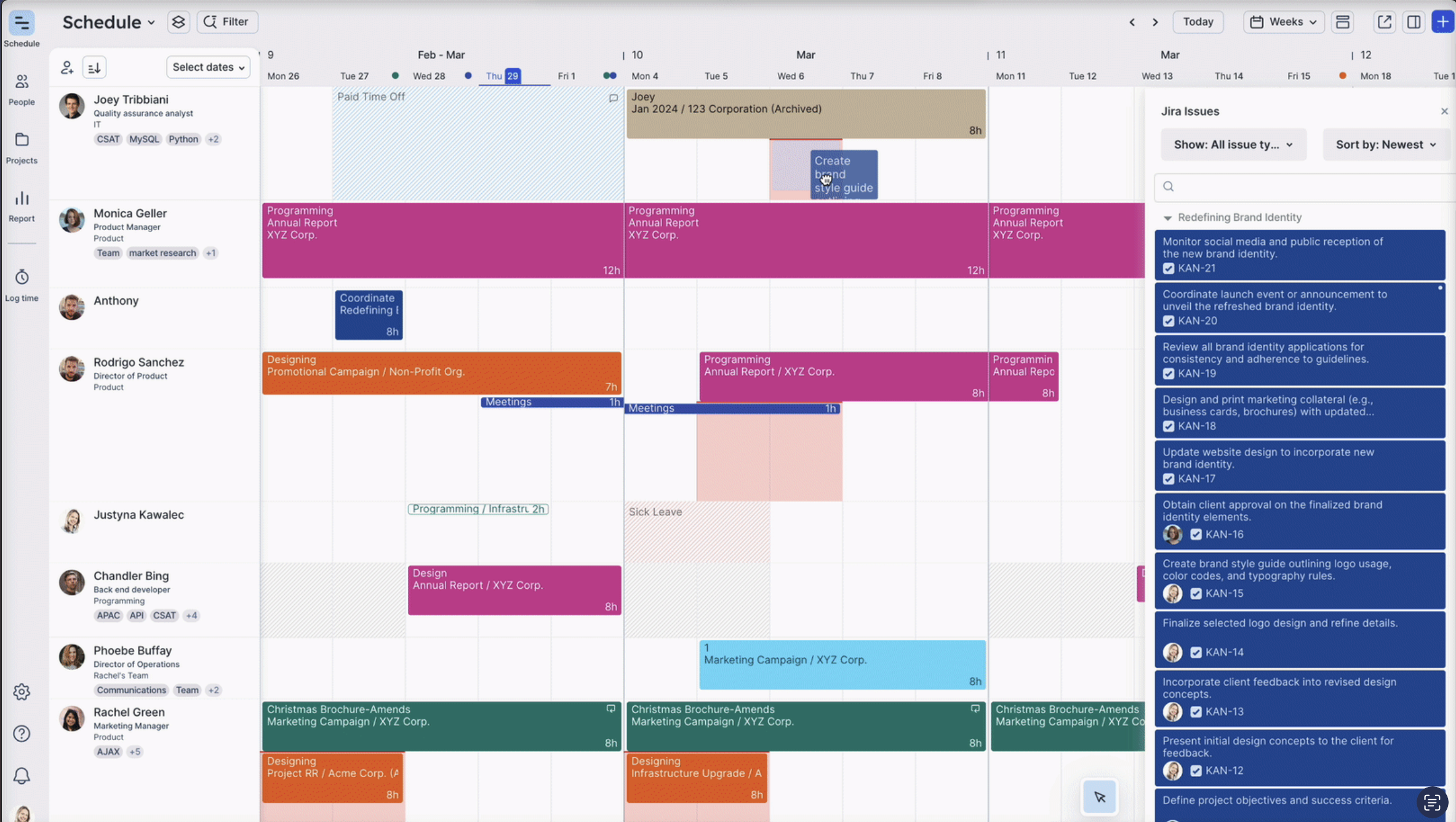 Float schedule with Jira tasks displayed on the right