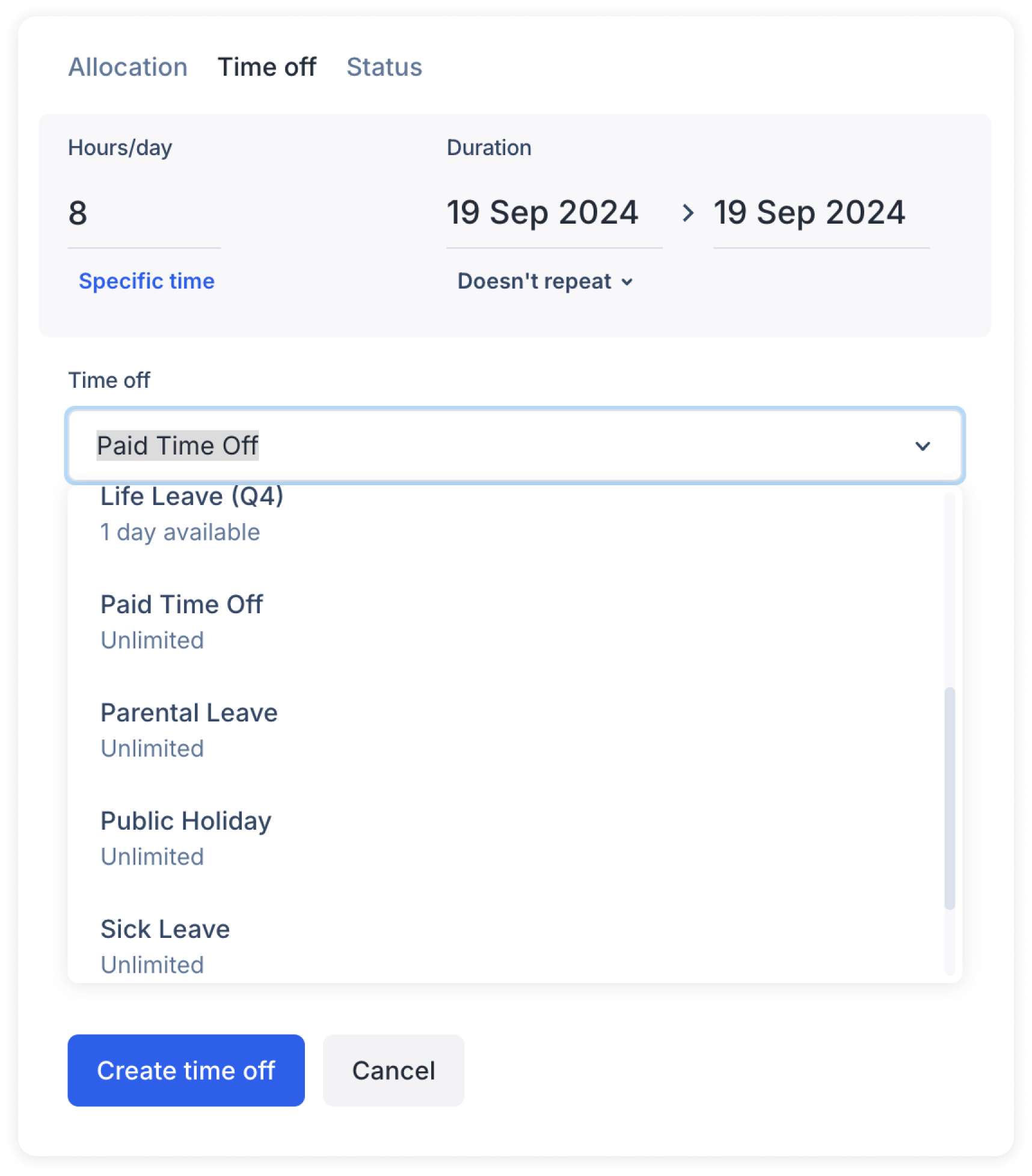 Time off booking modal with unused leave