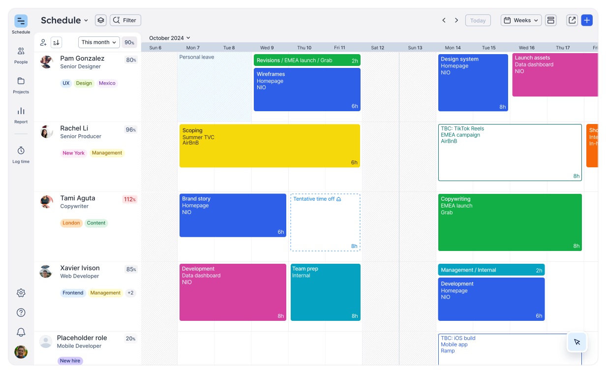 A video of Float's schedule showing team allocations and capacity