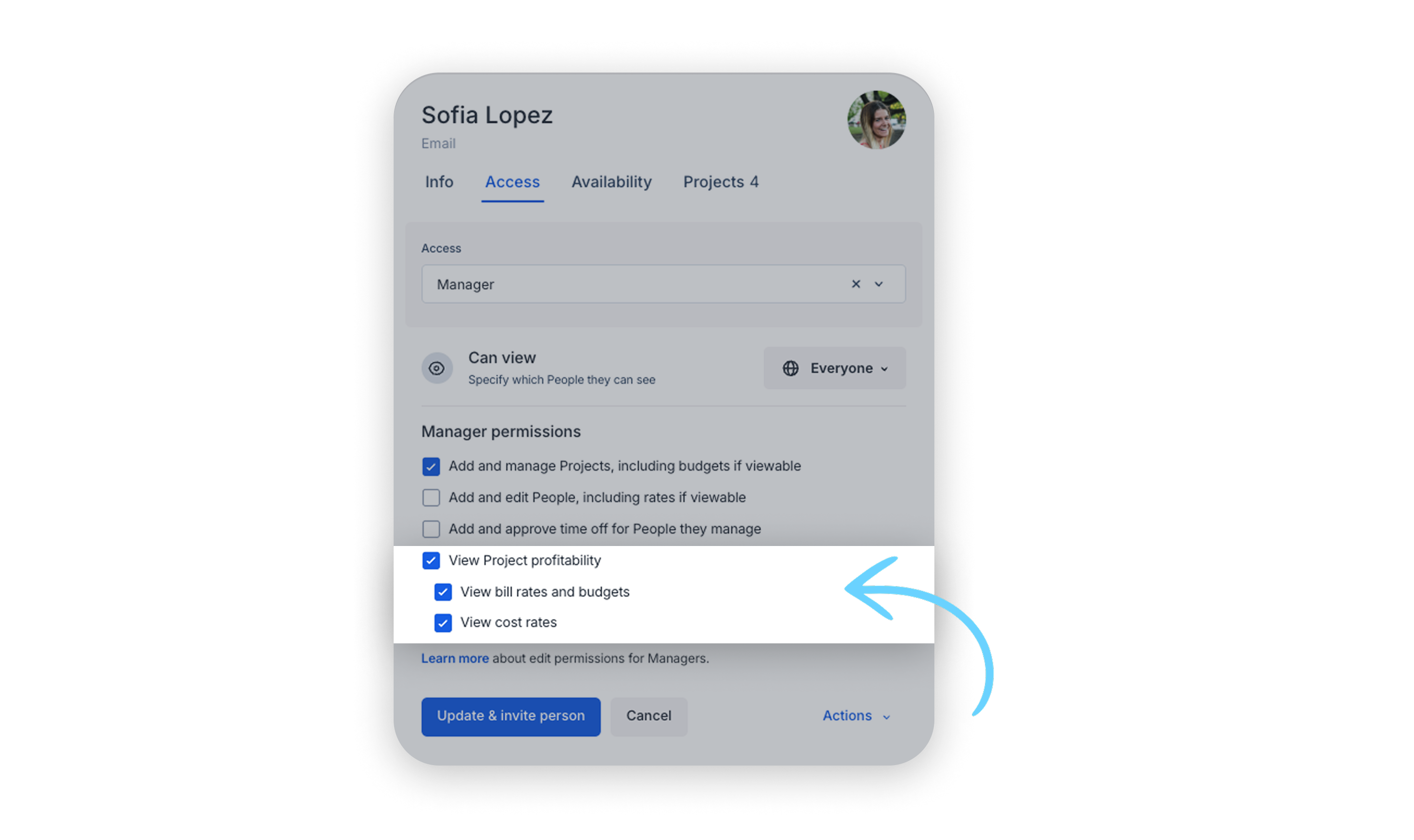 A screenshot that shows the permissions required to allow manager roles to view profitability data in Float.