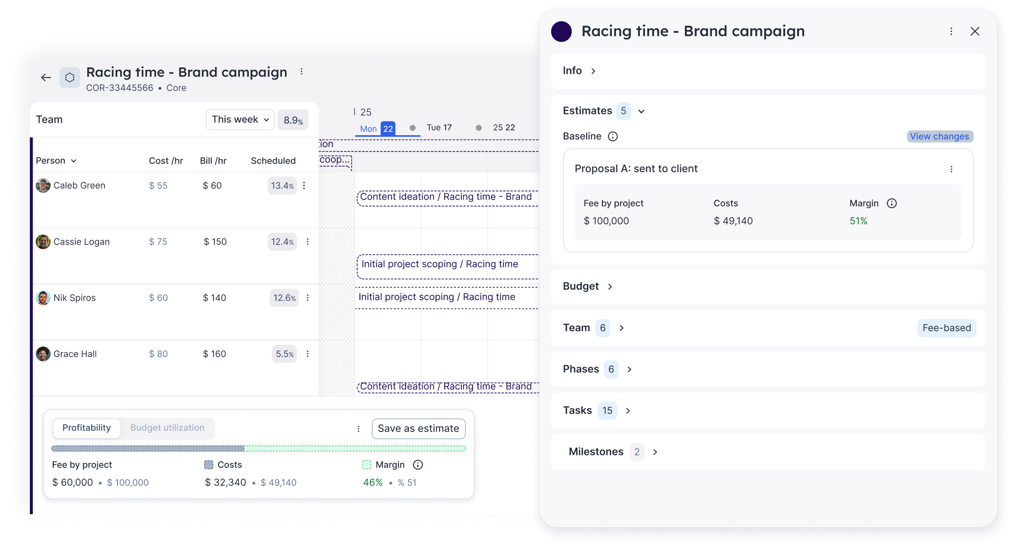 A screenshot of the float estimates workflow in the project view and the save estimate option with profit margin and costs captured