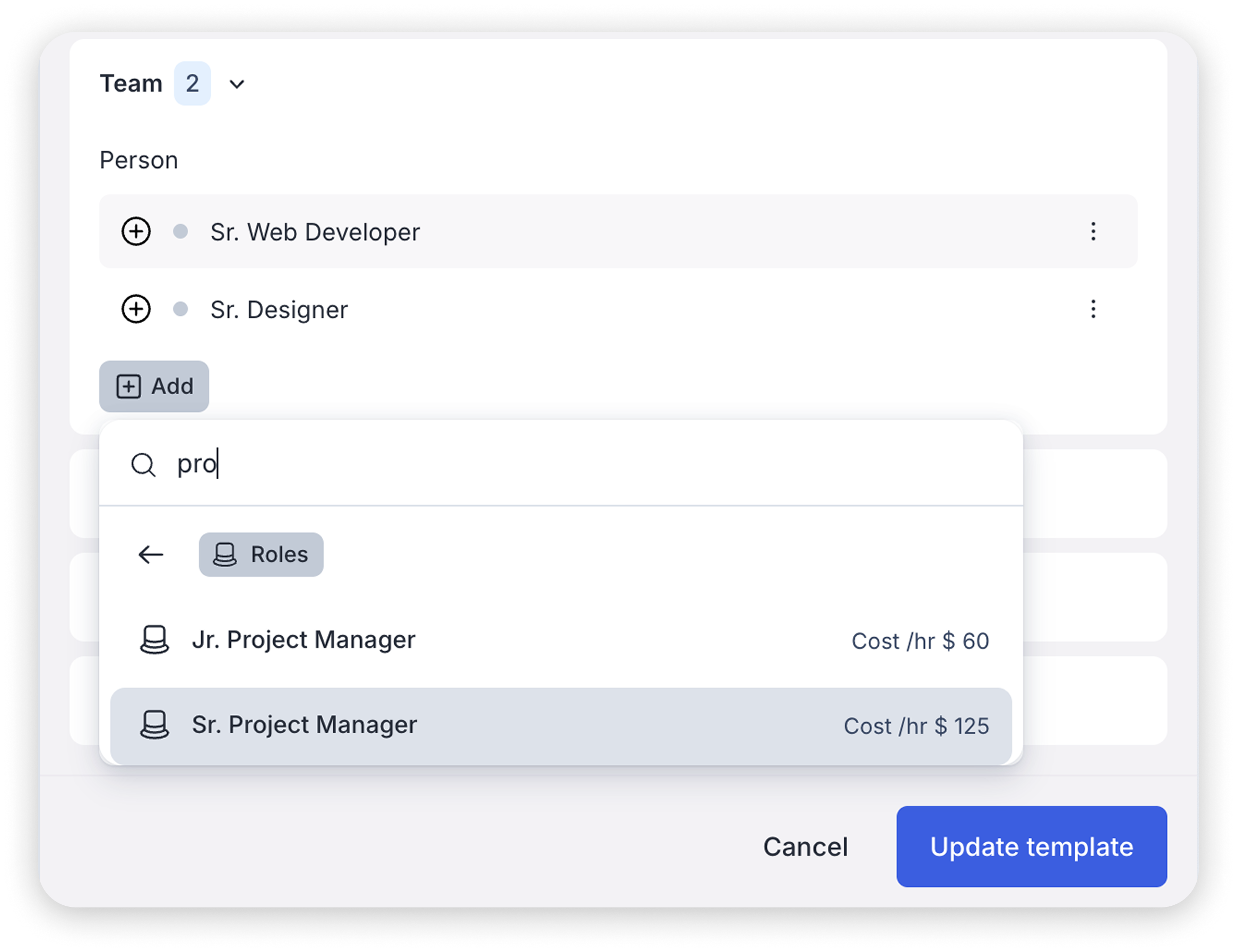 A screenshot showing where you can add roles in project templates