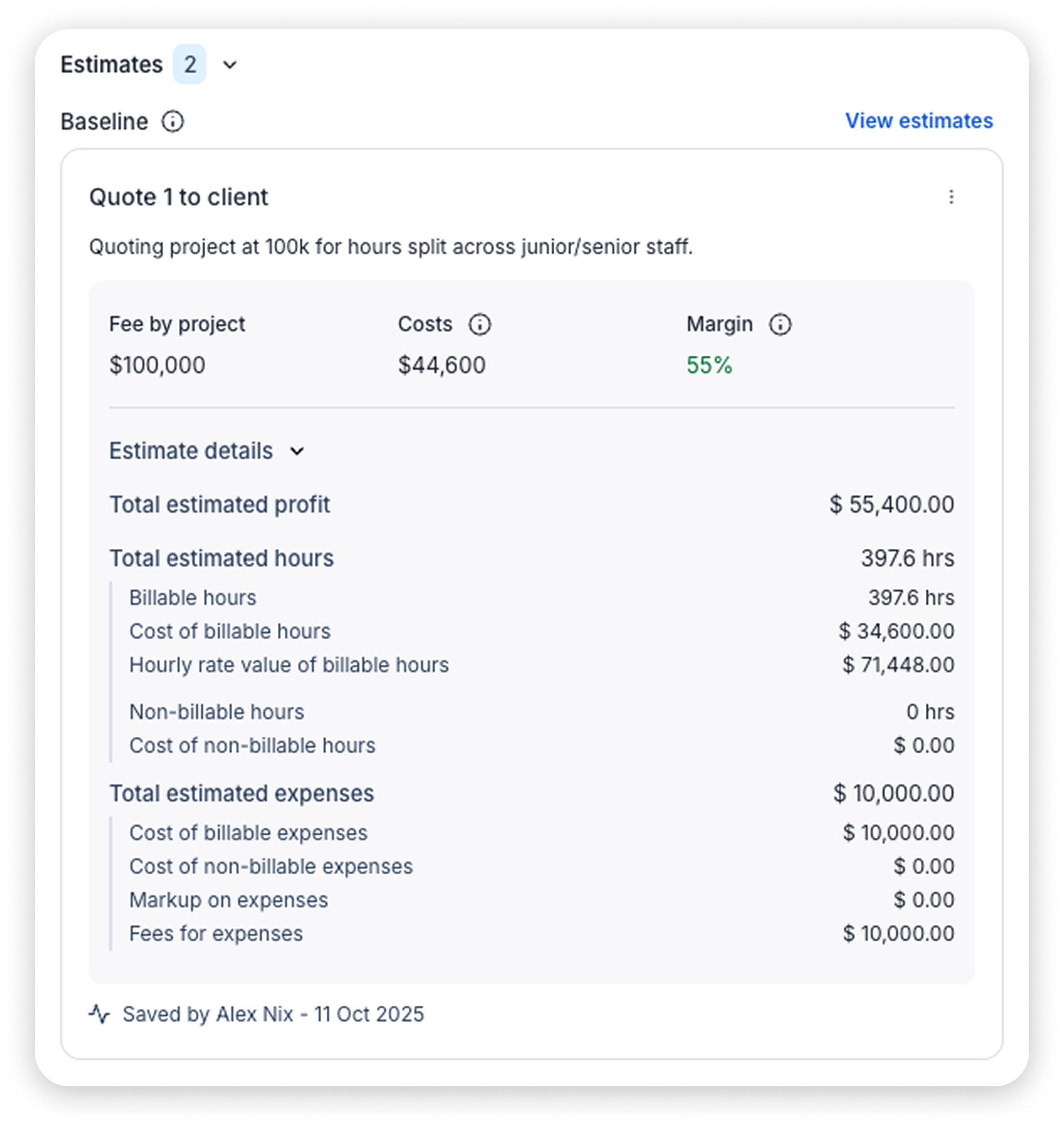 A screenshot of Estimates in Float showing added estimates details like estimated hours, estimated expenses, and cost.