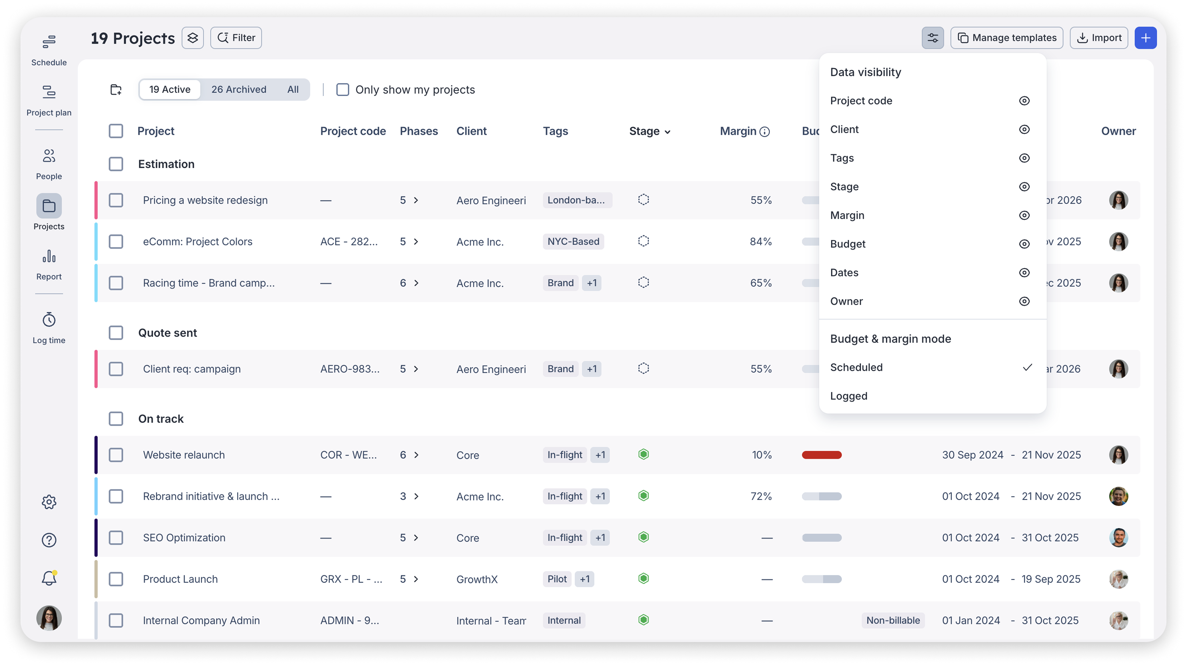 A screenshot showing the projects page in Float, highlighting the margin column as well as the ability to show and hide columns as needed.