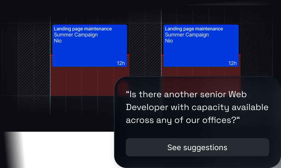 Dark schedule board showing two blue blocks labeled 'Landing page maintenance Summer Campaign Nio' each marked 8h, with a pop-up message asking about availability of a senior Web Developer and a button labeled 'See suggestions'.