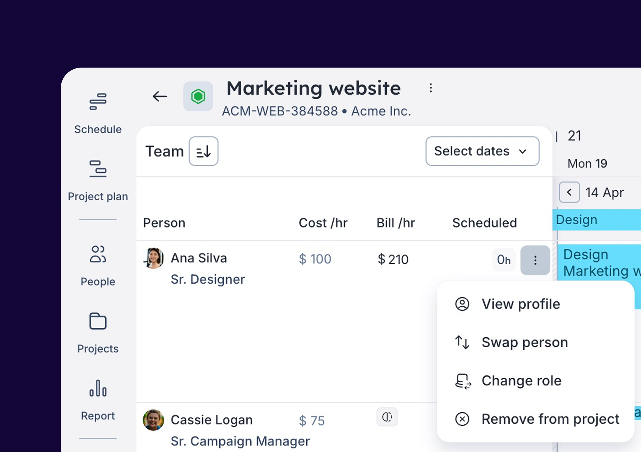 A screenshot of the Float's project view with the team member's action menu opened.